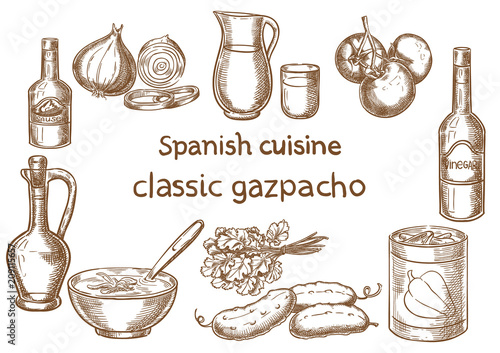 Spanish cuisine. Classic gazpacho ingredients vector sketch.