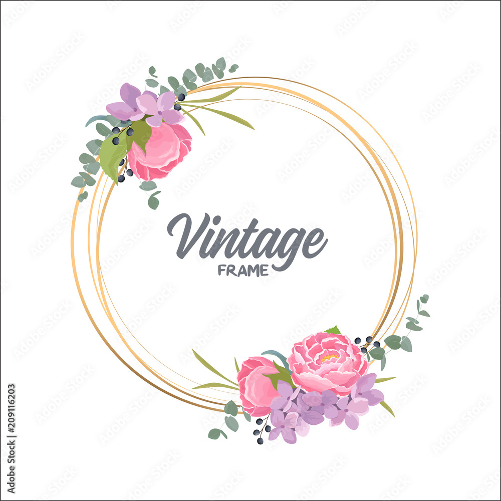 Summer vintage floral greeting card in watercolor style. Flowers and forest green leaves with gold circle frame. Vector template for text
