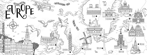 Hand drawn map of Northern Europe with selected capitals and landmarks, vintage web banner