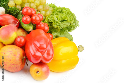 Fruits and vegetables isolated on white background. Free space for text.
