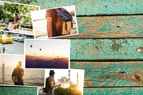 A lot of pictures on the wooden surface. Travel memories of Turkey including Istanbul and Cappadocia. Next to the photos is a place for text
