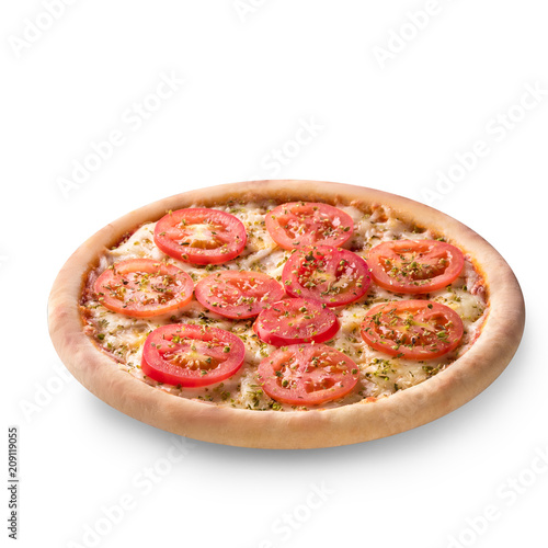 Pizza with cheese and tomato isolated on white background. Pizza margarita top view.