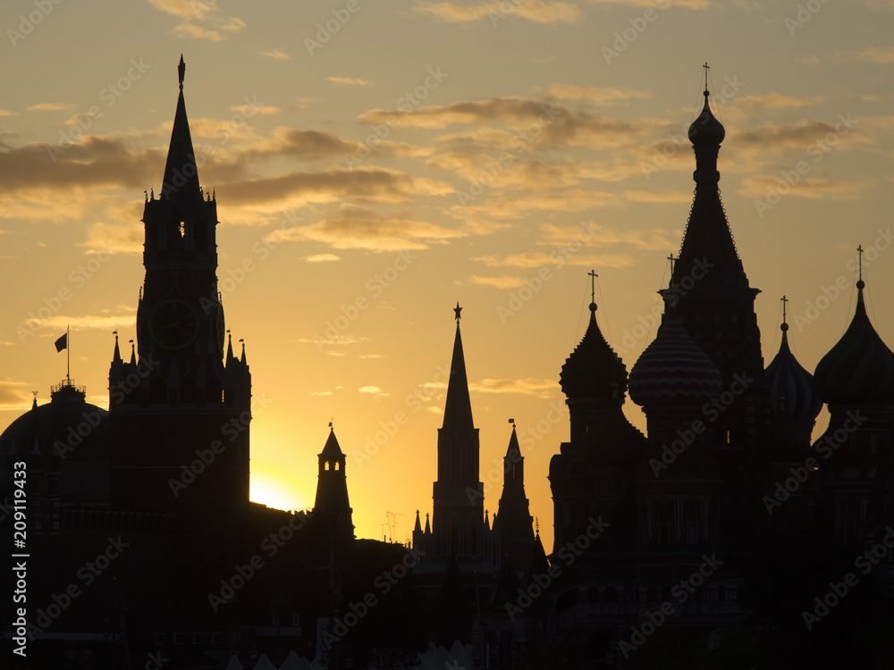 Silhouettes of Moscow historical buildings-Kremlin and St. Basil's Cathedral