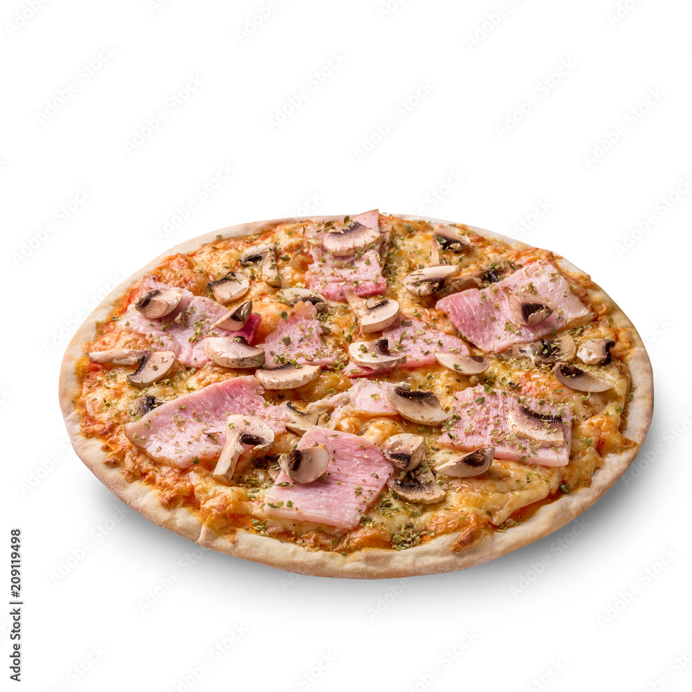 Fresh pizza with mushrooms, ham, cheese on white background. Copy space. Top view.