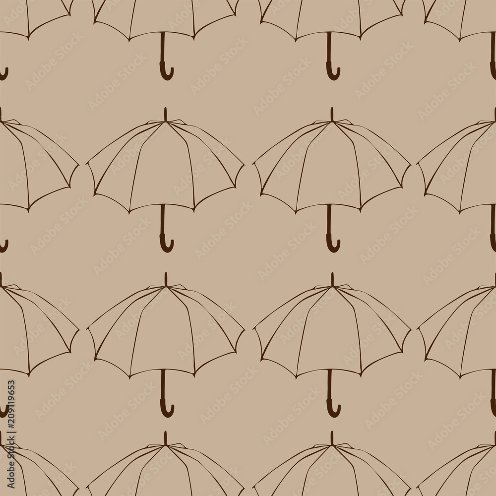 Seamless pattern with doodle umbrellas. For fabric, textile, wallpaper, wrapping paper. Vector Illustration. Autumn hand drawn sketch. Beige background.
