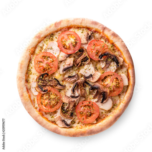 Meat chicken and mushrooms pizza isolated on white background.