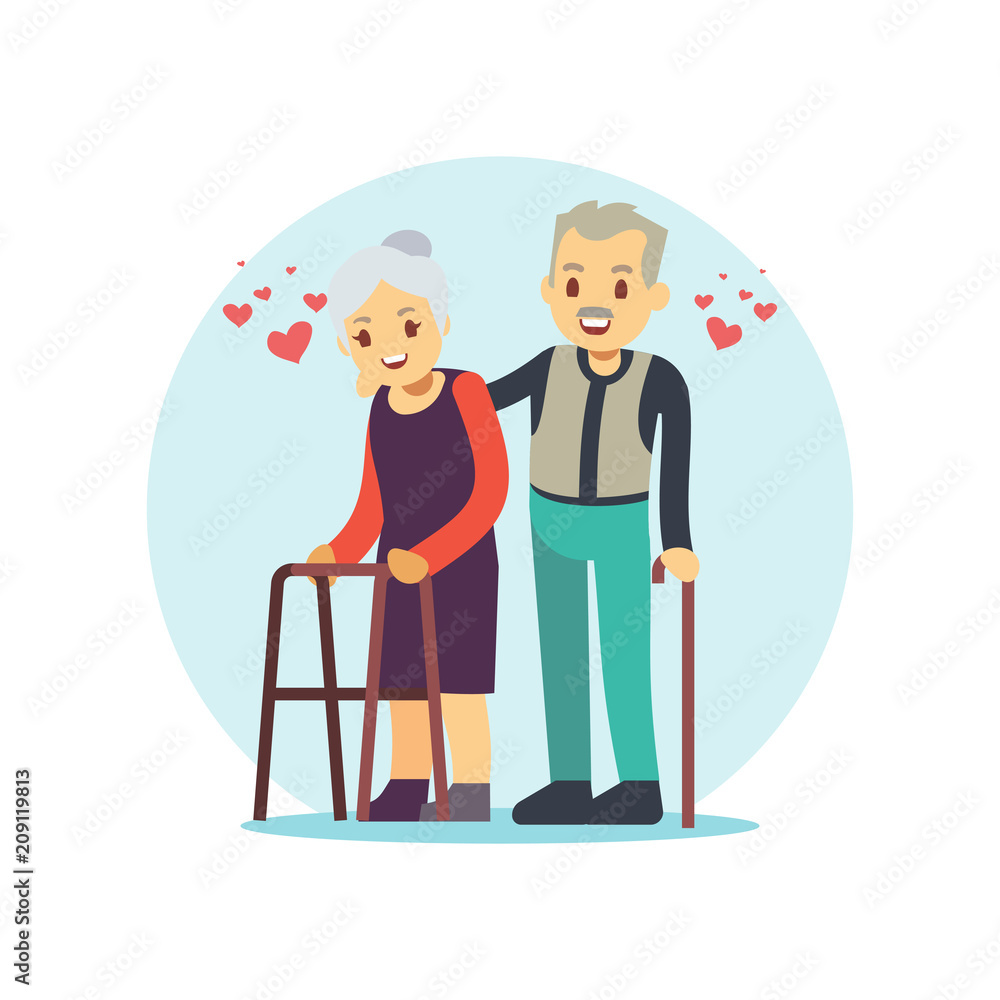 Smiling and happy old couple. Elderly family in love cartoon character