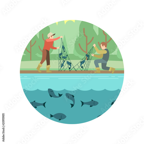 Fishing men with fish and equipment vector emblem