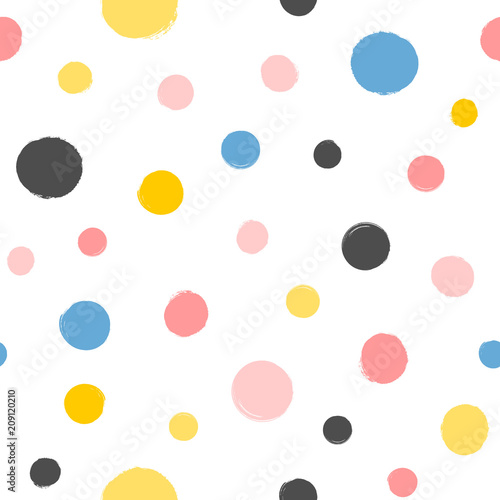 Repeated round spots painted with a watercolor brush. Geometric seamless pattern. Grunge, watercolor, sketch.