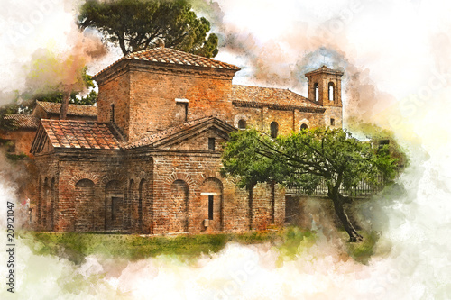 Watercolor of the Mausoleum of Galla Placidia in Ravenna, Italy photo