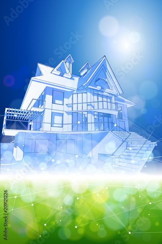 smart home concept - house & blue green bokeh - environment ecology concept - abstract image of grass & sky connected by a white digital wave - as an image of innovation, modern technology & science