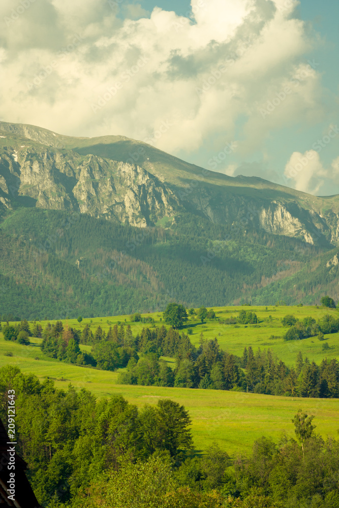 Panoramic view of beautiful landscape in the Tatra Mountain with fresh green meadows