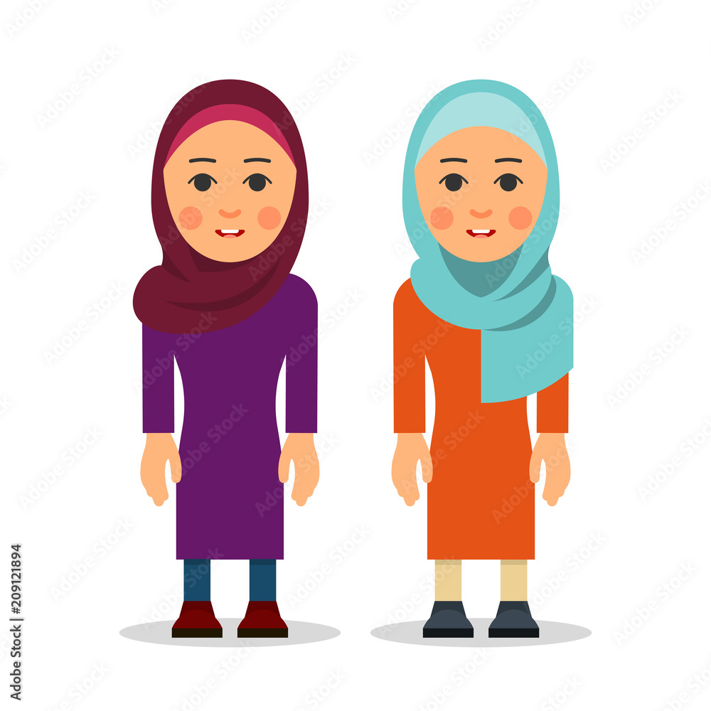 Fototapeta premium Muslim woman or Arab woman. Cartoon character stand in the traditional clothing. Isolated characters of representatives of Islam on a white background in a flat style