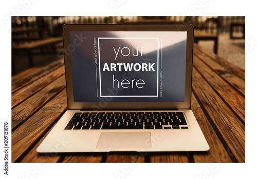 Laptop on Wooden Table Mockup