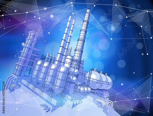 modern chemical manufacturing plant on a blue technological background with a stylized digital wave - the concept of modern technology, the new industrial revolution & information technology / vector
