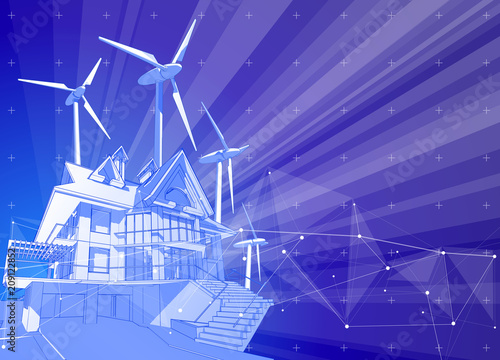 A modern house and windmills on a blue background surrounded by digital networks: an illustration of a smart eco-friendly home - the concept of modern information technology smart house or smart city