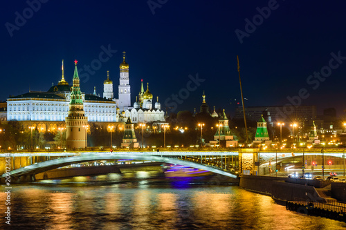 Illuminated Moscow Kremlin and Moscow river in the evening, Russia