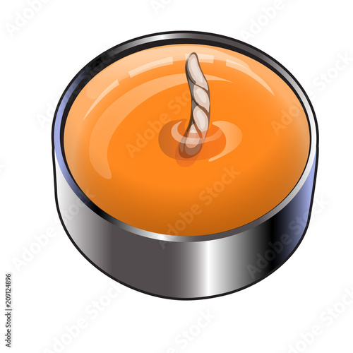 Tea or floating candle in an aluminum sleeve. Round candle orange color isolated on white background. Vector cartoon close-up illustration.