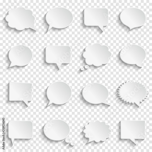 Blank empty white speech bubbles on transparent background