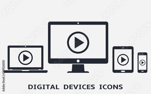 Device icons: smart phone, tablet, laptop and desktop computer with play button on screen. Vector illustration of responsive web design.
