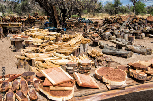 Wooden boats and other items at local wood craft market in Namibia, Southern Africa