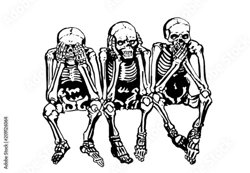 Graphical skeletons sitting isolated on white background,vector illustration for tattoo and printing