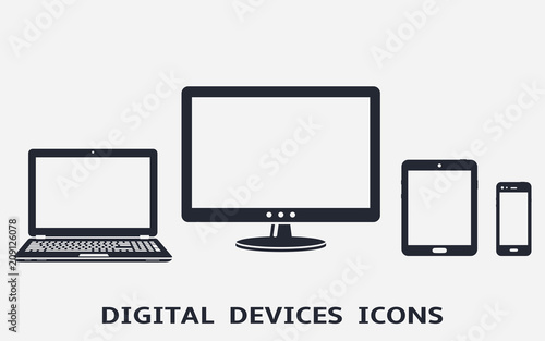 Device icons set: smart phone, tablet, laptop and computer monitor. Vector illustration of responsive web design.