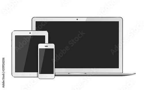 Open laptop, smartphone and tablet pc template for responsive design presentation. Isolated on white background.