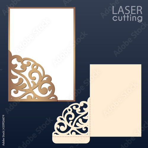 Laser and die cut pocket envelope template with lace pattern. Wedding invitation or greeting card with abstract ornament. Suitable for greeting cards, invitations, menus.