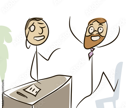 comic funny redhead man subordinate enthusiastically talks about plans boss boss with a monocle that listens standing at a cartoon table cartoon business startup office inspiration delight  vector