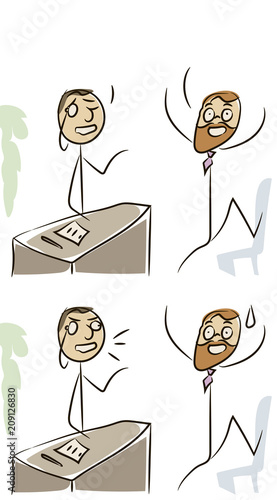 comic funny redhead man subordinate enthusiastically talks about plans boss boss with a monocle that listens standing at a cartoon table cartoon business startup office inspiration delight  vector