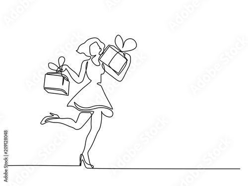 Continuous line drawing. Beautiful woman with big box gift. Vector illustration. Concept for logo, card, banner, poster, flyer