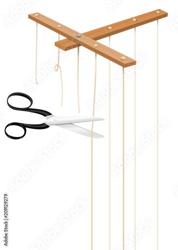 Scissors cuts strings of marionette control bar. Severed cords as a symbol for freedom, independence, emancipation, deliverance, liberation, detachment, release or escape. Isolated vector on white.
