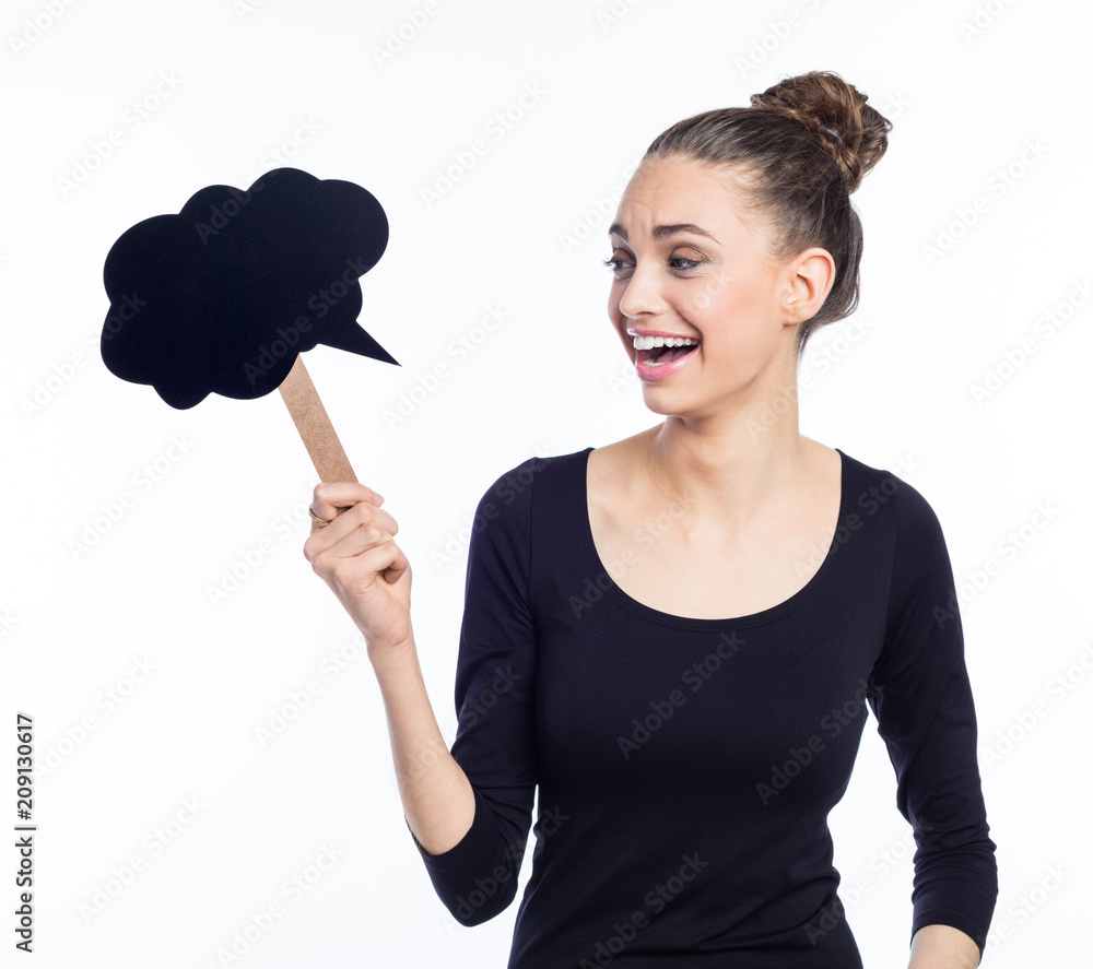 Portrait of excited young woman holding speech bubble Portrait of excited young woman holding speech bubble