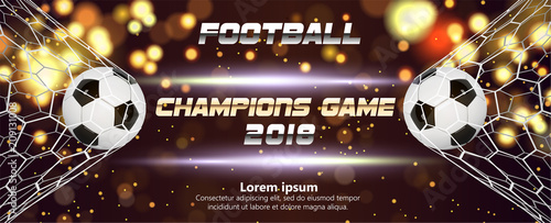 Soccer or Football wide Banner With 3d Ball on sparkling golden background. Soccer game match fire goal moment with ball in the net and place for text on dark background