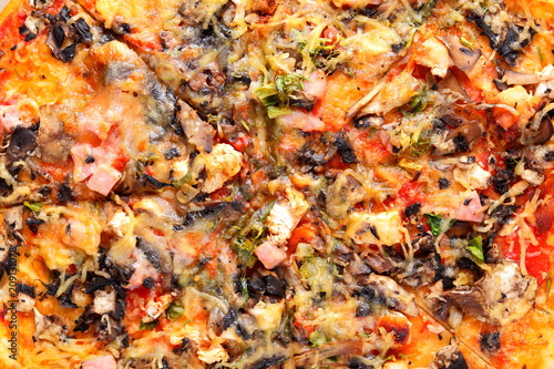 Pizza close up, Italian pizza with chicken, mushrooms and cheese, fast food view from above, American cuisine