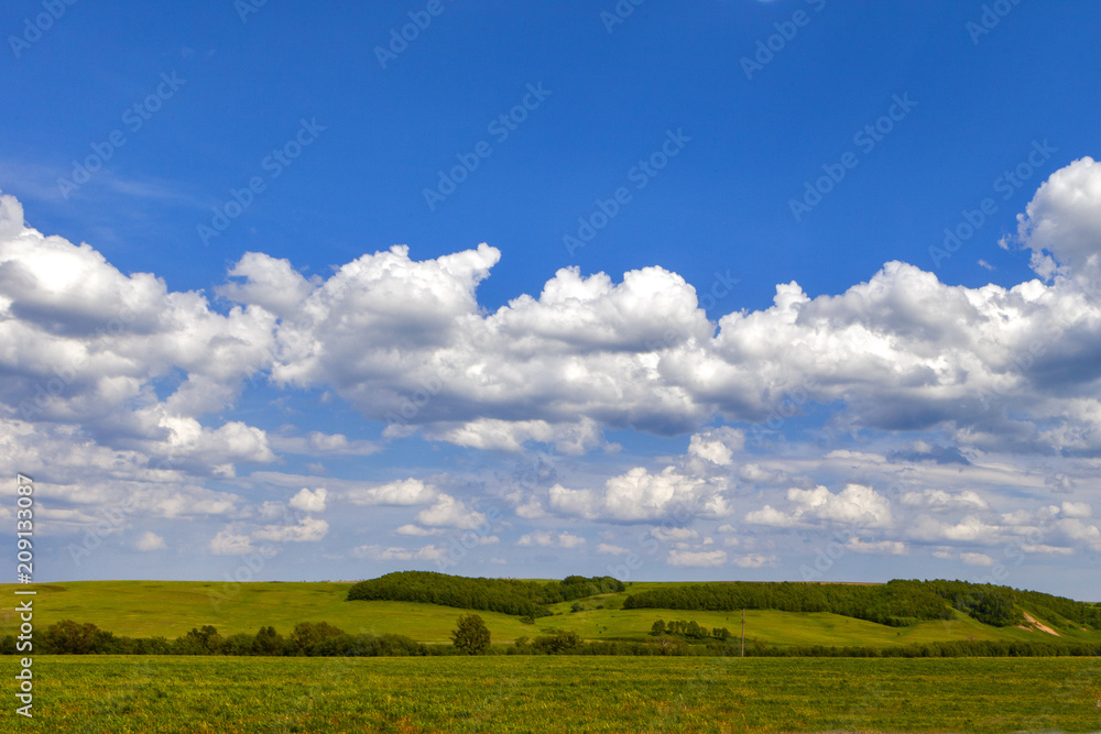 Green field and blue sky. Beautiful view of the grass and the hills on a sunny summer day. Green field and blue sky. Beautiful view of the grass and the hills on a sunny summer day.