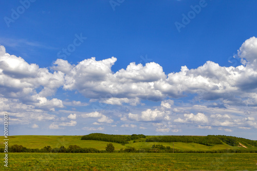 Green field and blue sky. Beautiful view of the grass and the hills on a sunny summer day.