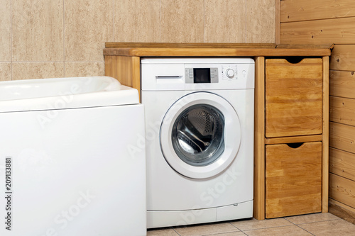 Wallpaper Mural Rustic bathroom interior. Washer covered wiith wooden shelf. Custom Product display. Copyspace Torontodigital.ca