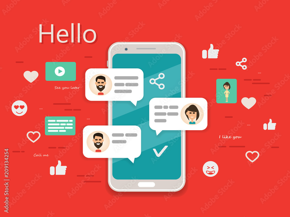 Man chatting with a woman on a smartphone Man chatting with a woman on a smartphone