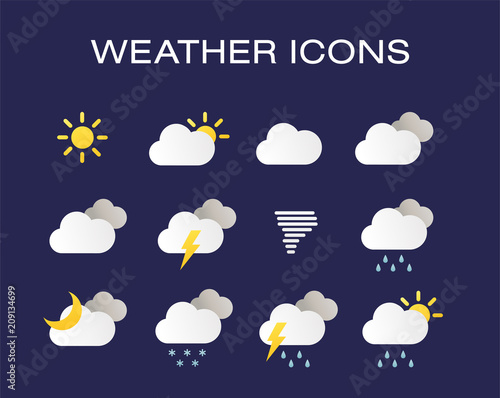 Complete set of modern realistic weather icons. Modern weather icons set. Flat vector symbols on dark background.