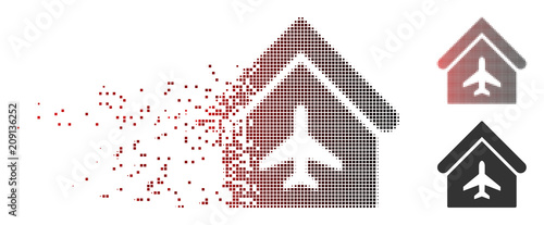 Vector aircraft hangar icon in sparkle, pixelated halftone and undamaged whole variants. Disintegration effect involves rectangle scintillas and horizontal gradient from red to black. photo