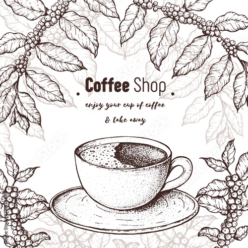 Coffee cup and coffee tree illustration. Vintage design for coffee shop. Engraved vector illustration. Americano cup.