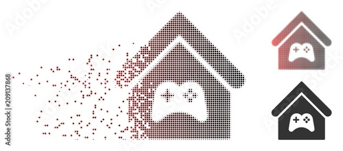 Vector game center building icon in dissolved, dotted halftone and undamaged whole versions. Disintegration effect uses rectangle scintillas and horizontal gradient from red to black.