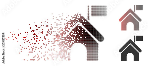 Vector government building with flag icon in dispersed, dotted halftone and undamaged entire variants. Disintegration effect involves square dots and horizontal gradient from red to black.