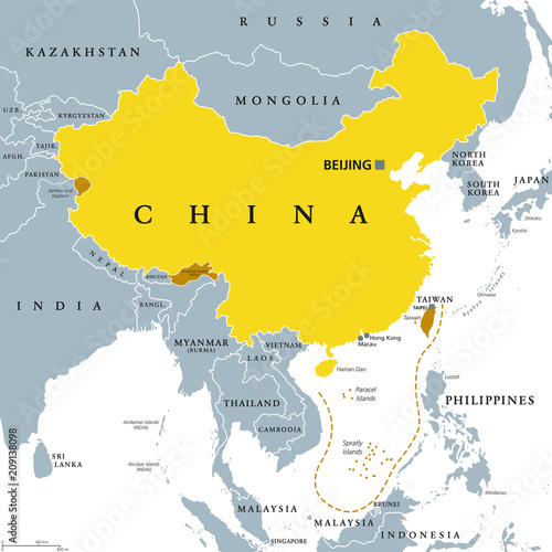 Peoples Republic of China, PRC, gray political map. Area controlled by China in yellow color, and claimed but uncontrolled regions shown in brown. English labeling. Illustration over white. Vector.