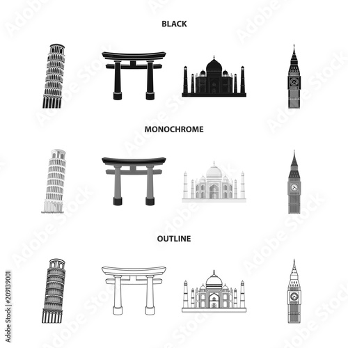 Sights of different countries black,monochrome,outline icons in set collection for design. Famous building vector symbol stock web illustration.