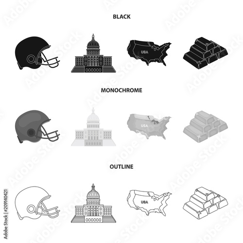 Football player's helmet, capitol, territory map, gold and foreign exchange. USA Acountry set collection icons in black,monochrome,outline style vector symbol stock illustration web. photo