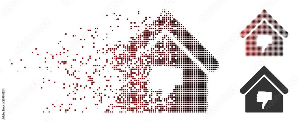 Vector thumb down building icon in fractured, dotted halftone and ...