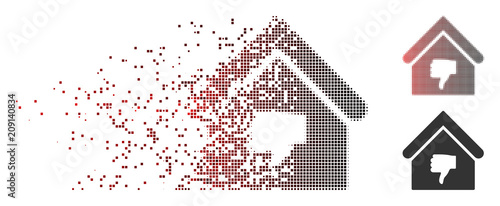 Vector thumb down building icon in fractured, dotted halftone and undamaged entire variants. Disintegration effect involves rectangle particles and horizontal gradient from red to black.